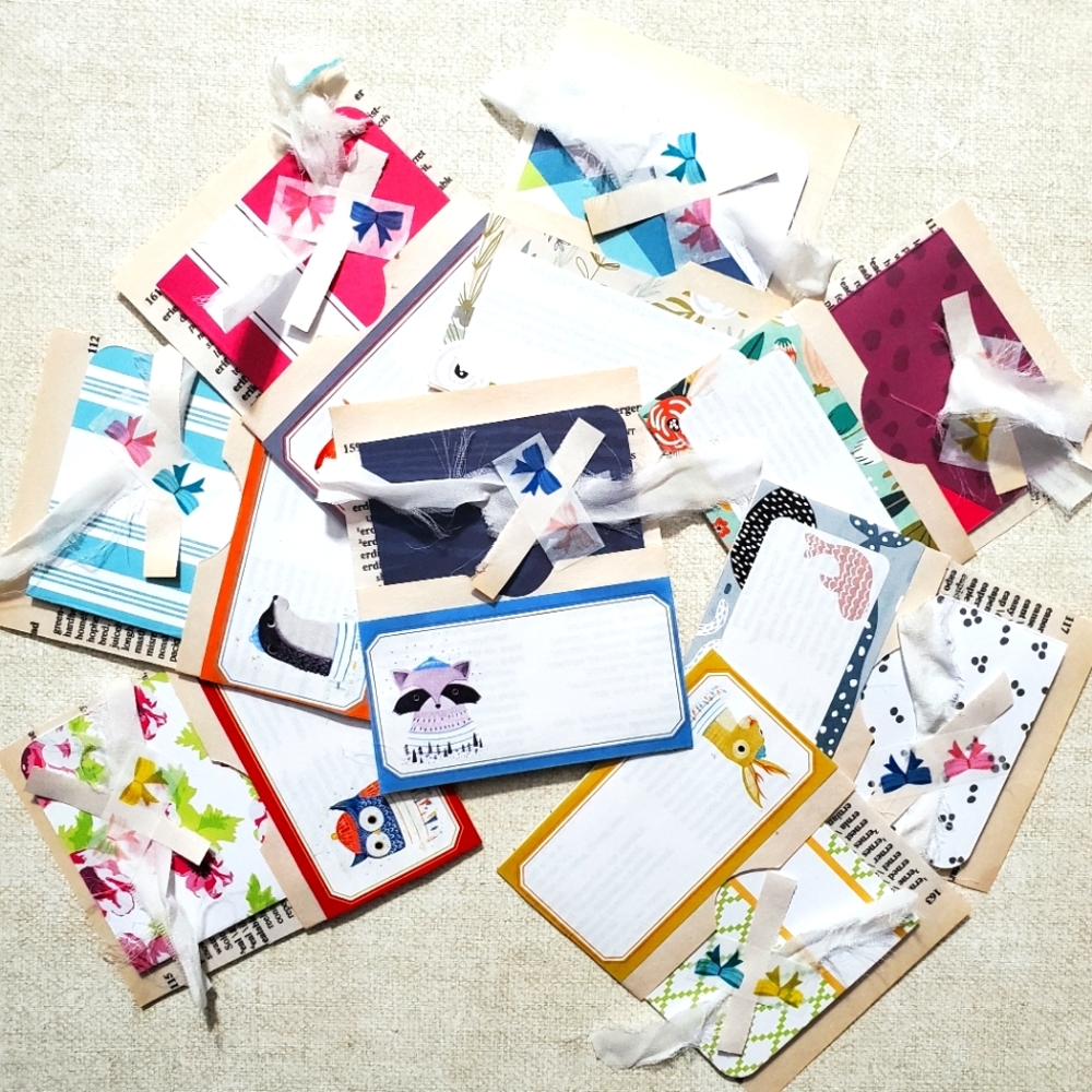 😀 HAND CRAFTED set of 8 vintage paper  library card pockets with notecar